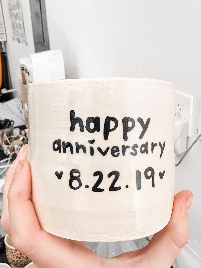 Custom ceramic candle reading happy anniversary 8.22.19