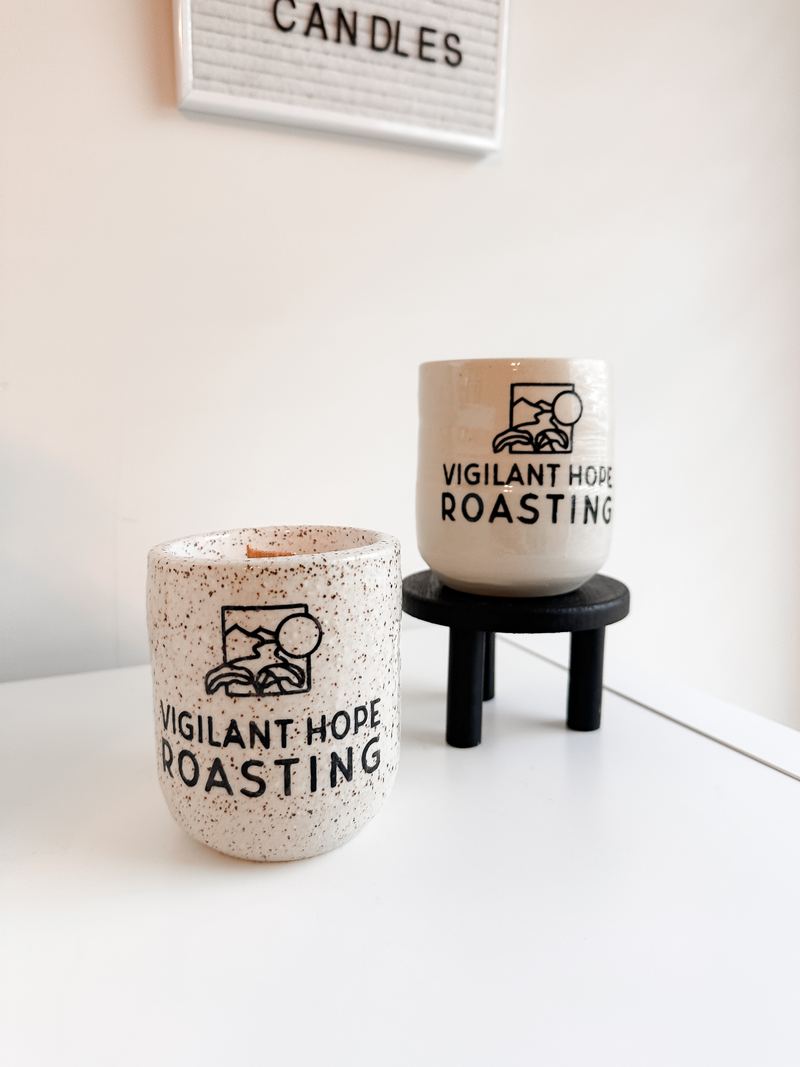 Branded ceramic candles made for Vigilant Hope Roasting